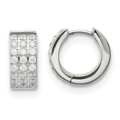 3 Rows of Diamond CZ Hinged Hoop Earrings Stainless Steel Polished SRE1141 by Chisel, MPN: SRE1141,…