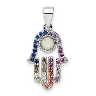 Multicolor CZ Diamond &amp; Synthetic Opal Hamsa Pendant Sterling Silver Rhodium-Plated QC11227, MPN: Q…