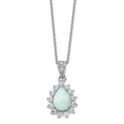 CZ Diamond &amp; Created Opal Pear Shaped 18 Inch Necklace Sterling Silver Rhodium Plated QCM784-18, MP…