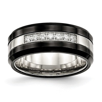 Black Ceramic CZ Diamond Beveled Edge Ring Stainless Steel Polished SR563, MPN: SR563, 191101853043