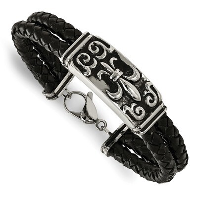 Fleur De Lis Black Leather Bracelet Stainless Steel Polished Antiqued SRB2054-8.5 by Chisel, MPN: S…