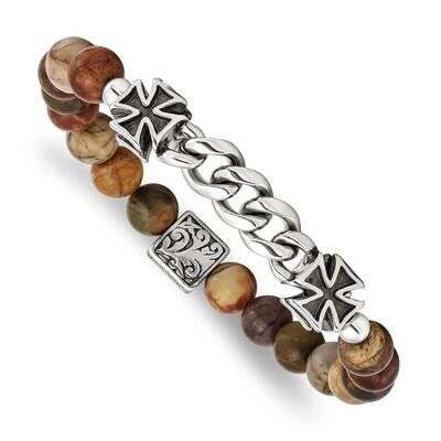 Polished Natural Turquoise Cross Stretch Bracelet Stainless Steel Antiqued SRB2757, MPN: SRB2757, 1…