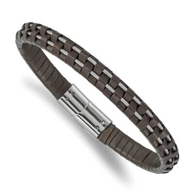 Wire and Brown Leather 8.75 Inch Bracelet Stainless Steel Polished SRB2434-8.75, MPN: SRB2434-8.75,…