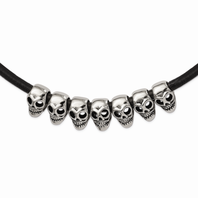 Antiqued Skulls Black Leather Cord Necklace Stainless Steel Polished SRN1689-18 by Chisel, MPN: SRN…
