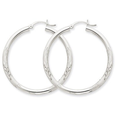 Satin &amp; Diamond-cut 3mm Round Hoop Earrings 10k White Gold 10TC281, MPN: 10TC281, 883957896793