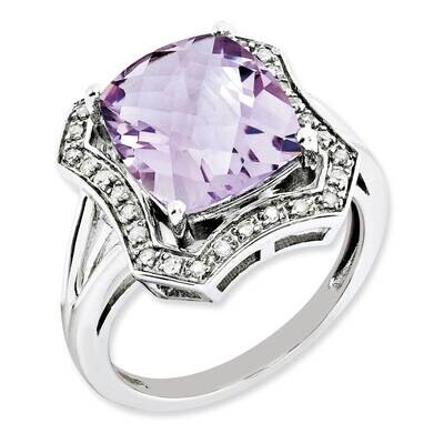 Diamond &amp; Checker-Cut Pink Quartz Ring Sterling Silver Rhodium-plated QR3033PQ-5, MPN: QR3033PQ, 88…