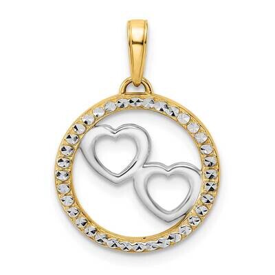 Hearts In Circle Pendant 14k Gold and White Rhodium Diamond-Cut M2989, MPN: M2989,