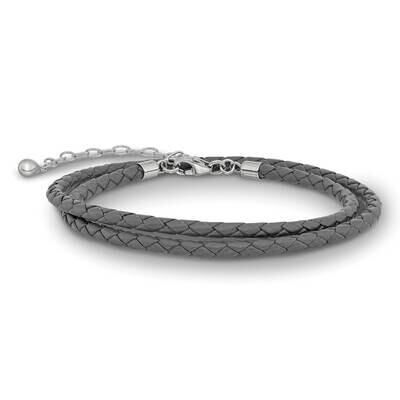 Gray Leather 14 Inch with 2in Extender Choker Wrap Bracelet Sterling Silver QRS4049GRAY-14, MPN: QR…
