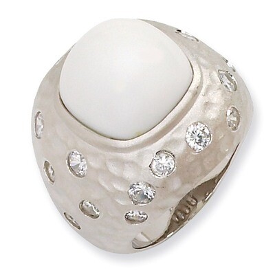 Satin Simulated White Agate &amp; Cz Ring Sterling Silver QCM558-6