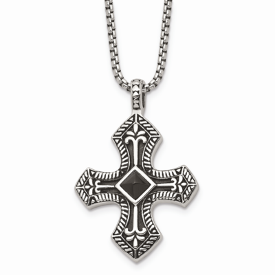 Black Agate &amp; Antiqued Cross Pendant Necklace Stainless Steel SRN837-24 by Chisel, MPN: SRN837-24, …