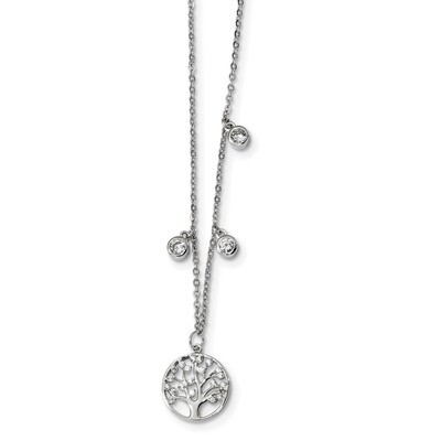 CZ Diamond with Tree with 1 inch Extender Necklace 16.5 Inch Sterling Silver Rhodium-plated QG4465-…