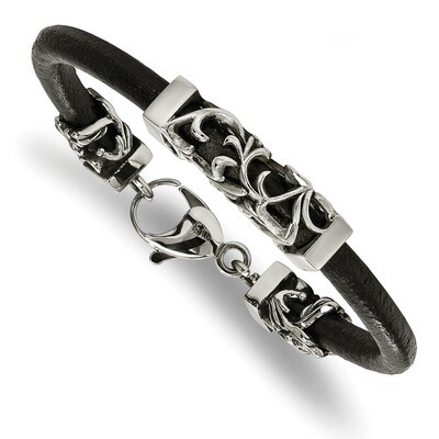 Filigree Black Leather Cord Bracelet Stainless Steel Polished Antiqued SRB2056-8.5 by Chisel, MPN: …