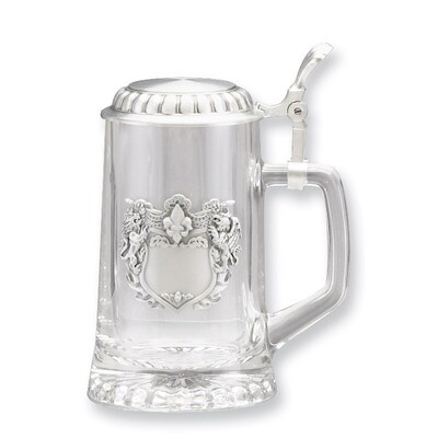 Engravable Pewter Lion Crest Removeable Lid 13.5oz Glass Stein GP6943, MPN: GP6943, 610939061050