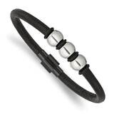 Black Ip with Rubber Black Leather 8.5 Inch Bracelet Stainless Steel Polished SRB3003-8.5, MPN: SRB…