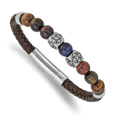 Polished Multicolor Tiger&#39;s Eye Leather Bracelet Stainless Steel Antiqued SRB2488-8.5, MPN: SRB2488…