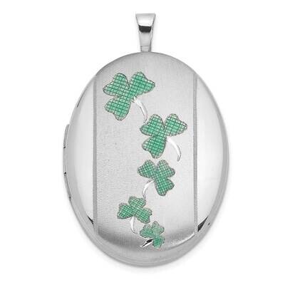 Satin Enameled Clovers 26X20mm Oval Locket Sterling Silver Rhodium-plated QLS1059, MPN: QLS1059,