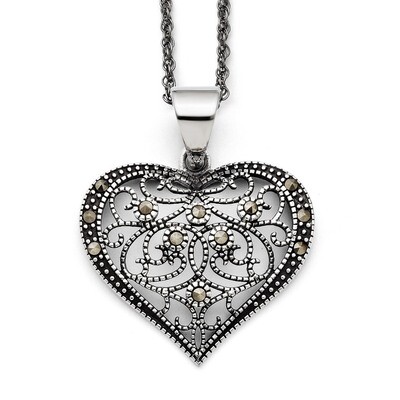 Marcasite Textured Heart Necklace Stainless Steel SRN1429-20, MPN: SRN1429-20, 886774262215