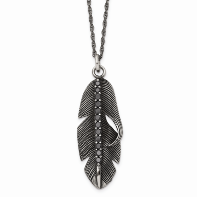 Antiqued Feather Black CZ Stone Stone Necklace Stainless Steel Polished SRN1704-20 by Chisel, MPN: …