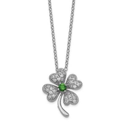 Cheryl M Glass Sim.Emerald &amp; Cz 4-Leaf Clover 18 Inch Necklace Sterling Silver Rhodium-plated QCM36…