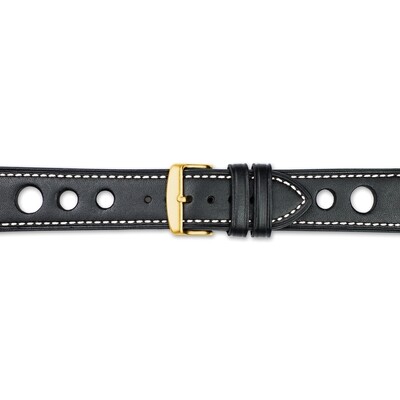 20mm Black Grand Prix Leather White Stitch Gold-tone Buckle Watch Band  BA370-20, MPN: BA370-20,