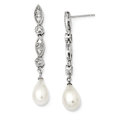 Cheryl M Pearl Post Dangle Earrings Sterling Silver Cubic Zirconia QCM711, MPN: QCM711, 191101186608