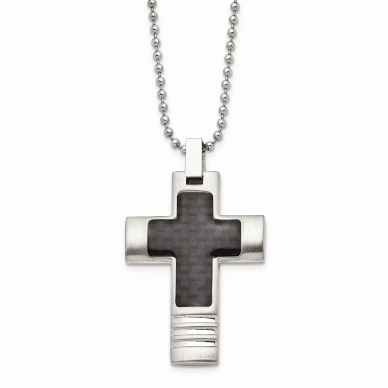 Polished Black CarbonFiber Inlay Cross Necklace Stainless Steel Brushed SRN119-22 by Chisel, MPN: S…