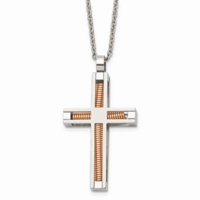 Pink IP-plated Cross Necklace Stainless Steel Polished SRN503-22 by Chisel, MPN: SRN503-22, 8867740…