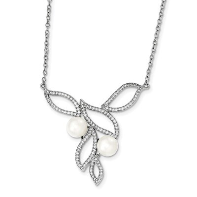 8-9mm White Cultured Freshwater Pearl CZ Diamond Fancy Neck with 1 inch Extender  Sterling Silver R…