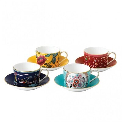 Wedgwood Wonderlust Teacup &amp; saucer Set of 4 (Blue Pagoda, Camellia, Crimson Jewel &amp; Yellow Tonquin…
