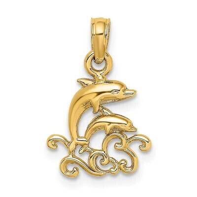 Mini Double Dolphins Waves Charm 14k Gold Textured K7768, MPN: K7768, 637218150779