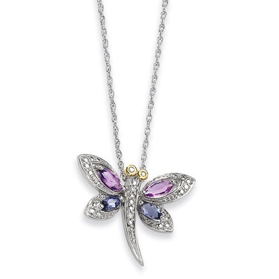 14k Gold Amethyst and Iolite and Diamond Dragonfly Necklace Sterling Silver QG2711-17, MPN: QG2711-…