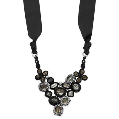 Gray and Black Glass Beaded Black Fabric and Ribbon Necklace 10107
