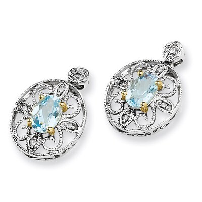 Sky Blue Topaz&amp; Diamond Earrings Sterling Silver &amp; 14K Gold QE6077, MPN: QE6077, 685146726238