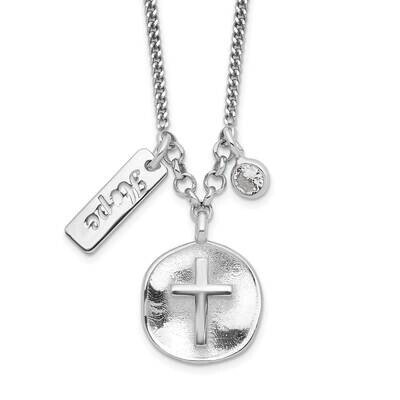 Satin Cross Hope CZ with 1.5 Inch Extender Necklace 16 Inch Sterling Silver Rhodium-Plated QG6207-1…