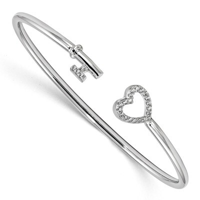 CZ Diamond Heart and Key Flexible Bangle Sterling Silver Rhodium-plated QB1219, MPN: QB1219, 883957…