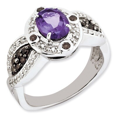 Amethyst and Smoky Quartz &amp; Diamond Ring Sterling Silver QR3163AM-7