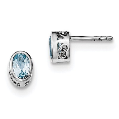 Blue Topaz Oval Post Earrings Sterling Silver Rhodium-plated Polished QE12626BT, MPN: QE12626BT,