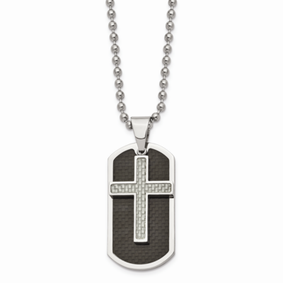 Blk/Grey Carbon Fiber Inlay Cross/DogTag Necklace Stainless Steel Polished SRN840-24 by Chisel, MPN…