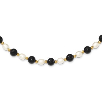 Fancy 6-6.5mm White Cultured Pearl &amp; Onyx Necklace 17 Inch 14k Gold Polished PR34-17, MPN: PR34-17,…