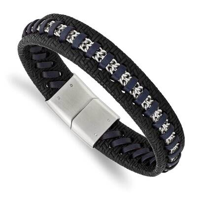 Black and Blue Leather 8.5 Inch Bracelet Stainless Steel Polished SRB3036-8.5, MPN: SRB3036-8.5, 19…