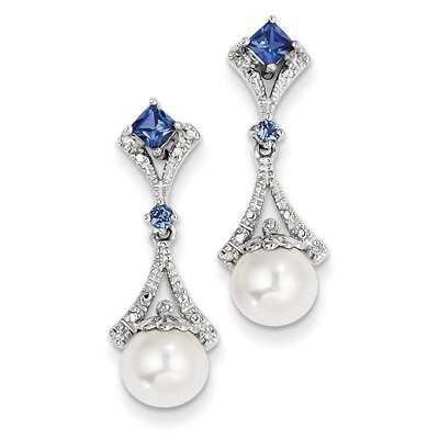 Diamond Cultured Pearl Sapphire Earrings Sterling Silver Rhodium-plated QE10326, MPN: QE10326, 8839…