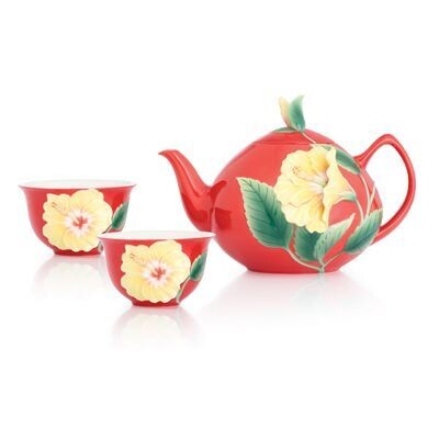 Franz Porcelain Hibiscus Design Sculptured Porcelain Red Teapot Cup Set FZ03041, MPN: FZ03041,