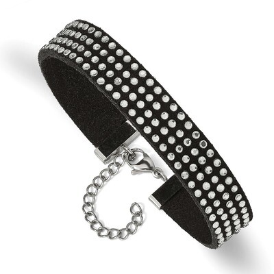 Black Leather and Crystal 7.25 Inch with 1.75 Inch Extender Bracelet Stainless Steel SRB2533-7.25 b…
