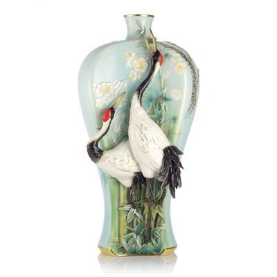 Franz Porcelain Good Tidings Crane-Red-Crowned Crane Design Sculptured Porcelain Vase With Wooden B…