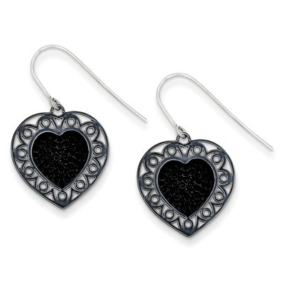 Sterling Silver Black Ceramic Black Swarovski Elements Heart Dangle Earring QE9624