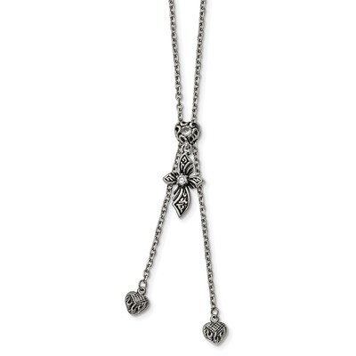 &amp;Polished CZ Adjustable up to 29.5 Inch Necklace Antiqued Stainless Steel SRN1739 by Chisel, MPN: S…