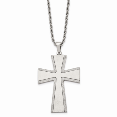 Laser Cut &amp; Brushed Cross Pendant Necklace Stainless Steel SRN733-24 by Chisel, MPN: SRN733-24, 886…