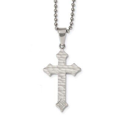 Stainless Steel Polished Satin Hammered Diamond CZ Cross Necklace Stainless Steel Polished SRN2436-…