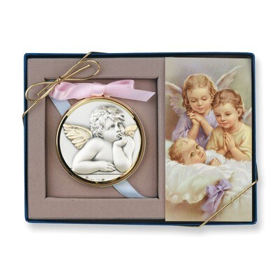 Two Angels Medallion &amp; Prayer Card Sterling Silver GP792