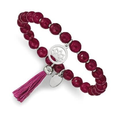 Lotus with Tassel Pink Jade Beaded Stretch Bracelet Stainless Steel Polished SRB2349, MPN: SRB2349,…